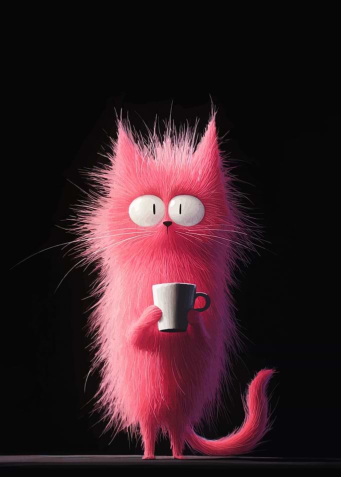 Pink Furry Creature with Coffee Cup