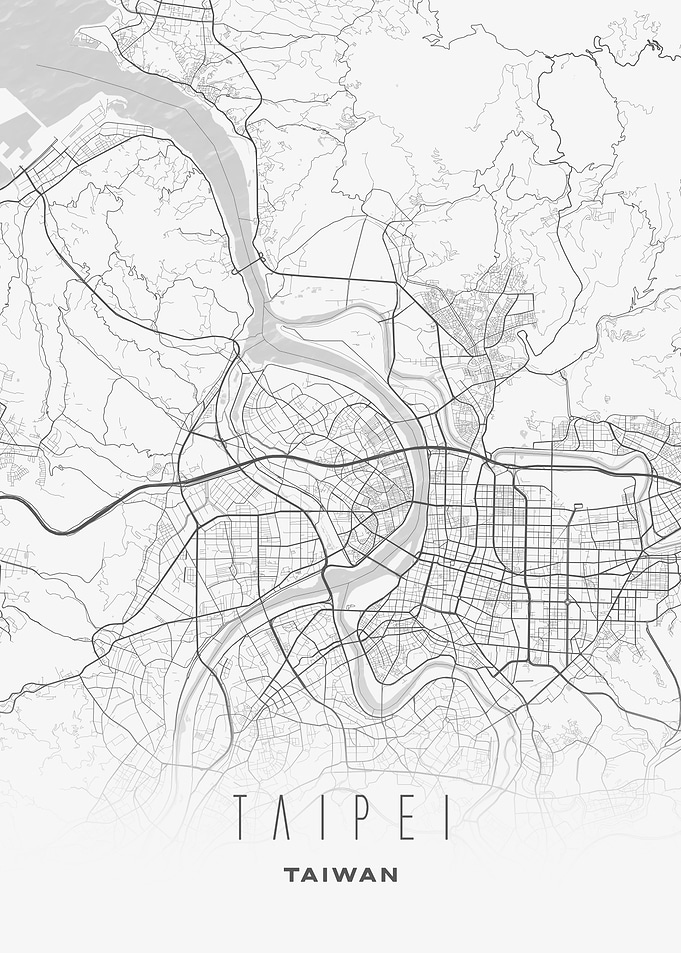 Taipei, Taiwan - Minimalist River City Map Poster, Modern Monochrome Urban Wall Art