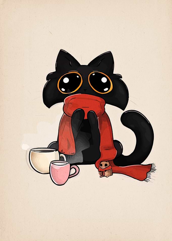 Cute Black Cat with Red Scarf