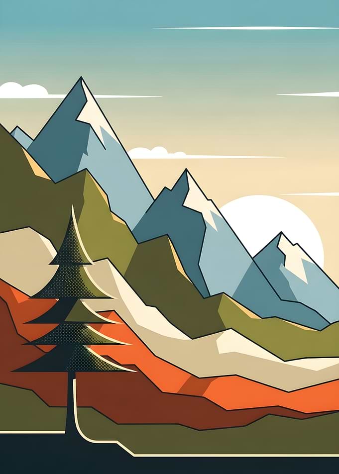 Minimalist Mountain Landscape with Pine Tree