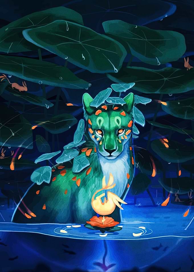 Mystical Green Jaguar in Lily Pond