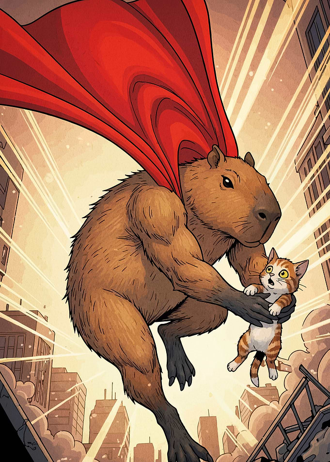 Superhero Capybara Rescuing a Cat