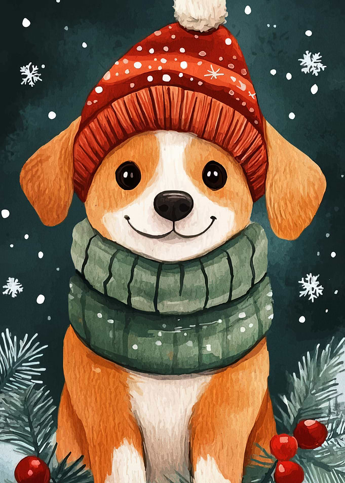 Winter Dog with Hat and Scarf