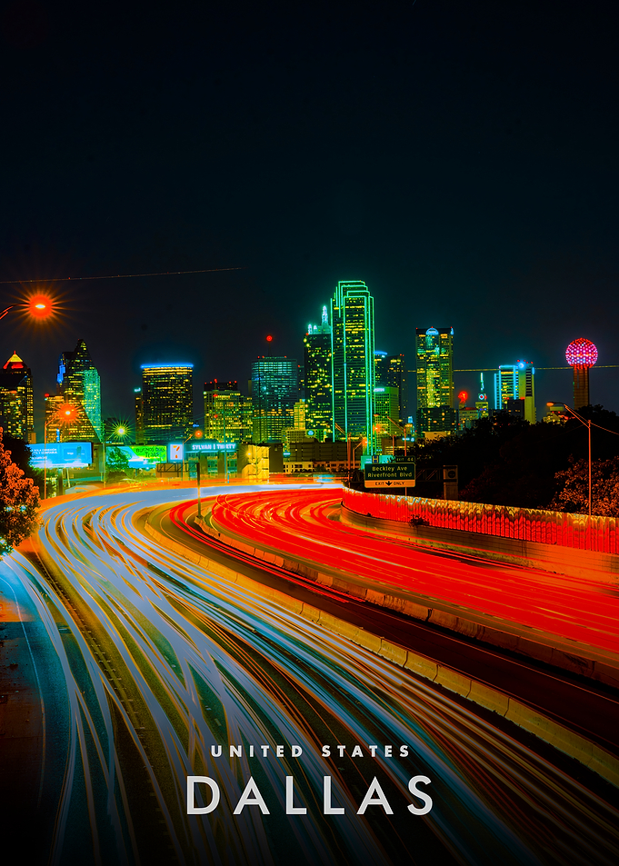 Dallas Skyline at Night with Light Trails