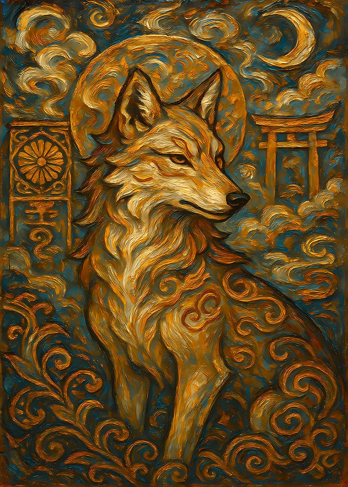 Golden Wolf with Moon and Torii