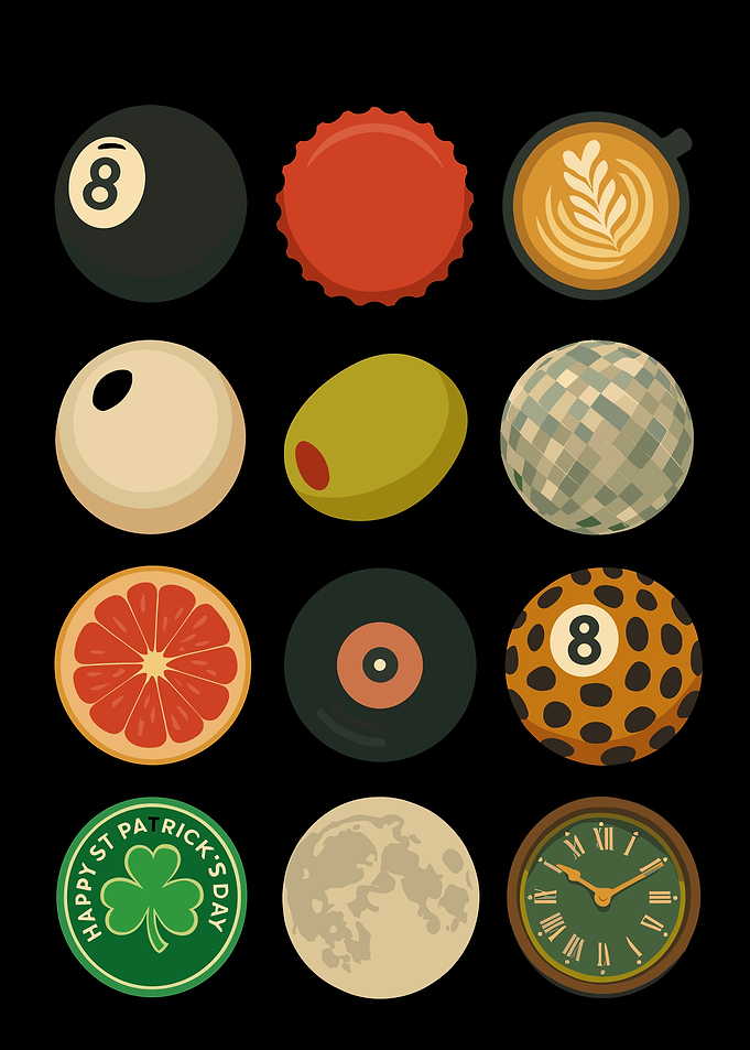 Twelve Round Icons on Black Background
