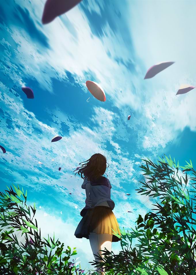 Anime Girl Gazing at Sky Umbrellas