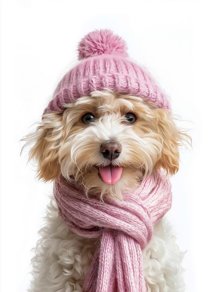 Cozy Poodle dog with Pink Hat and Scarf