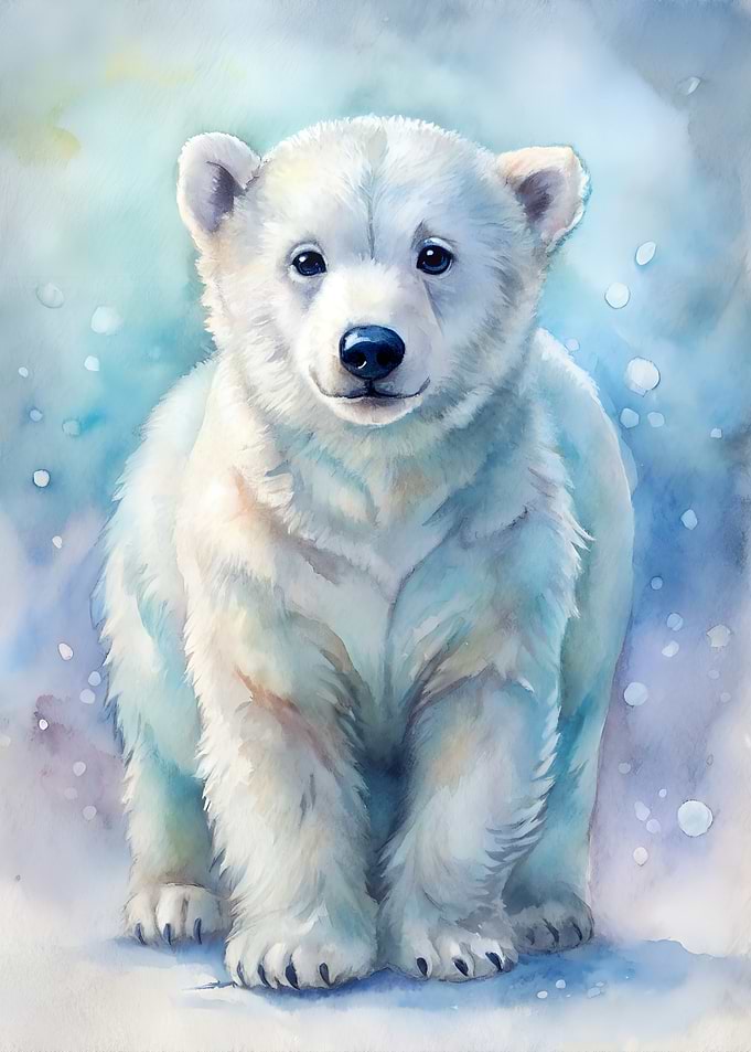 Watercolor Painting of a Polar Bear Cub