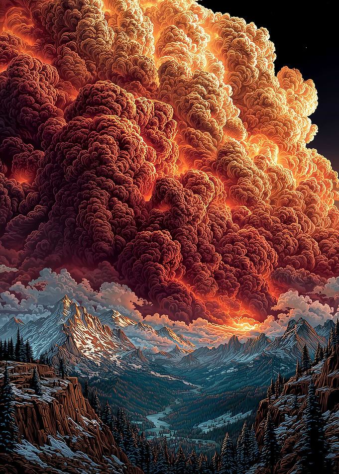 Volcanic Eruption Over Mountain Landscape
