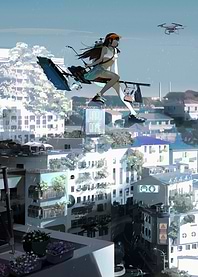 Girl flying over city with drone