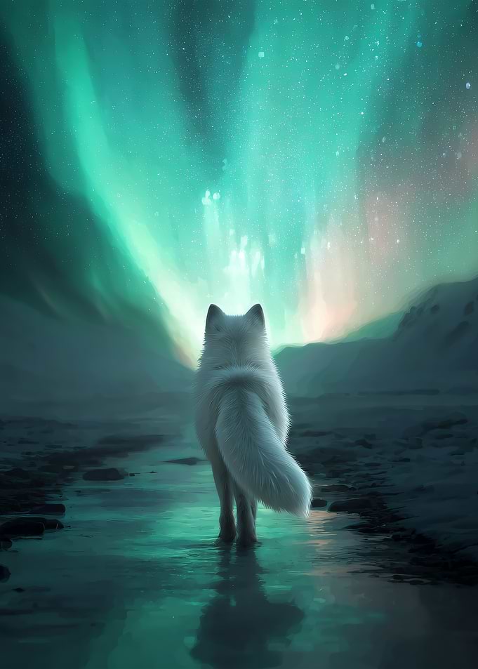 White Wolf Under Aurora Borealis
