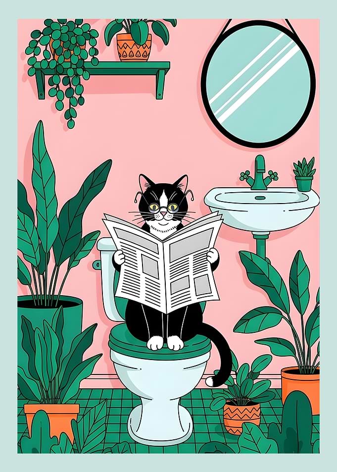 Cat reading newspaper on toilet