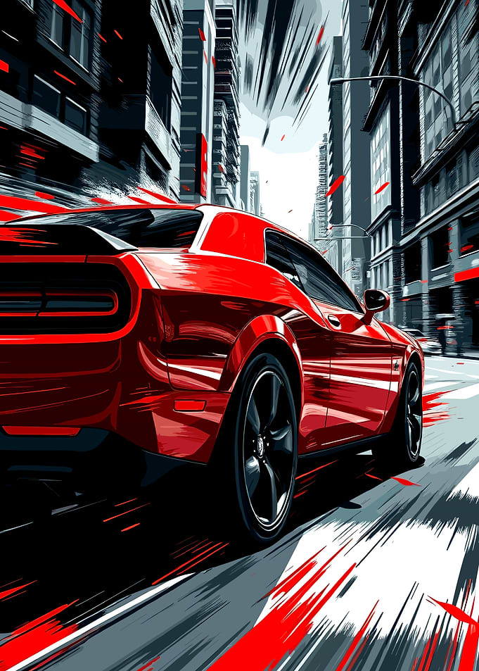 Red Car Speeding Through Cityscape