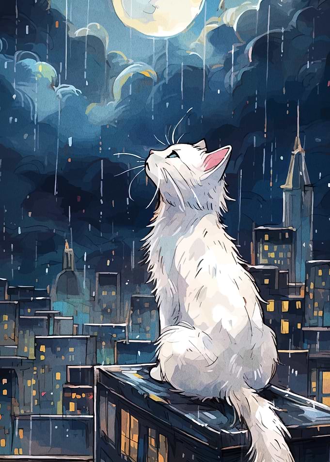 White Cat Gazing at the Moon