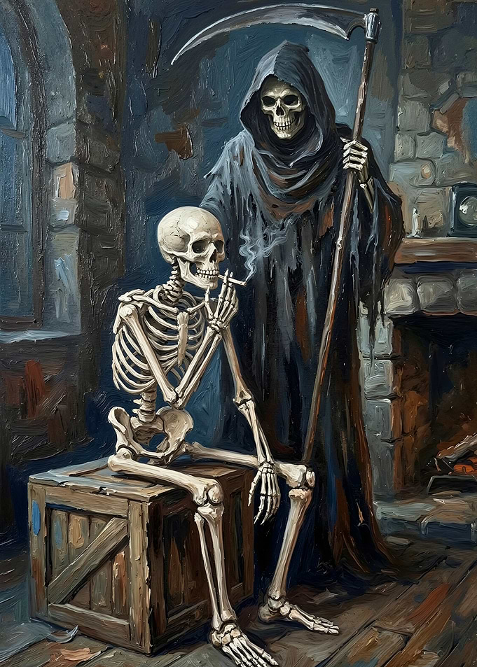 Grim Reaper and Smoking Skeleton Painting