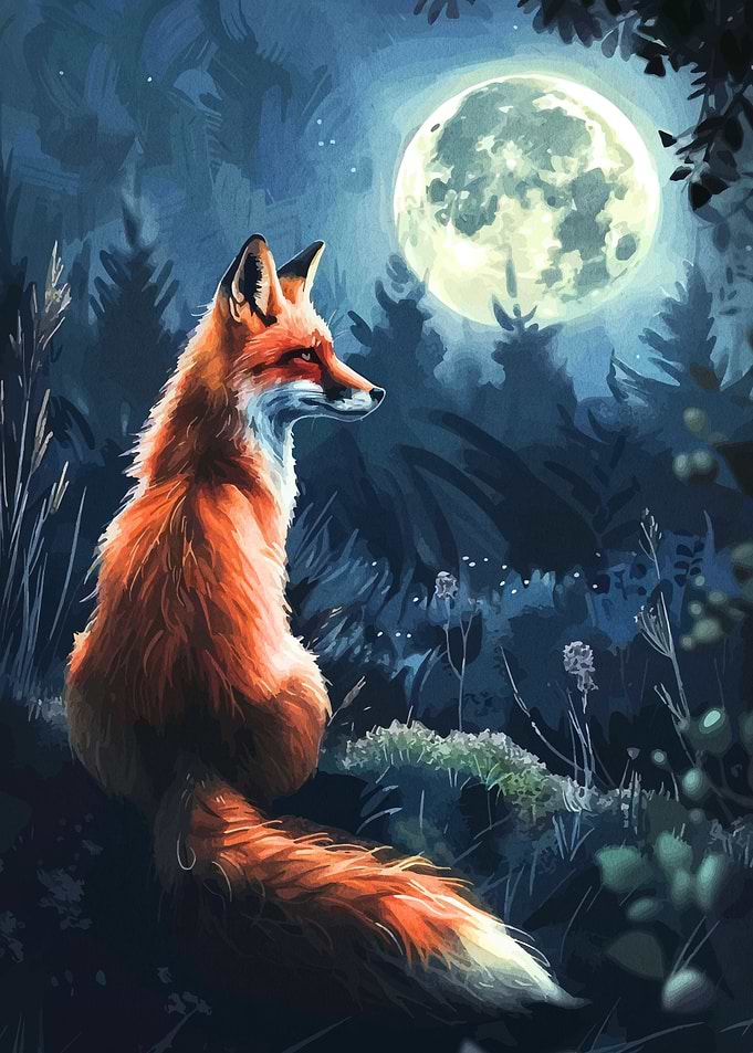 Fox gazing at the moon
