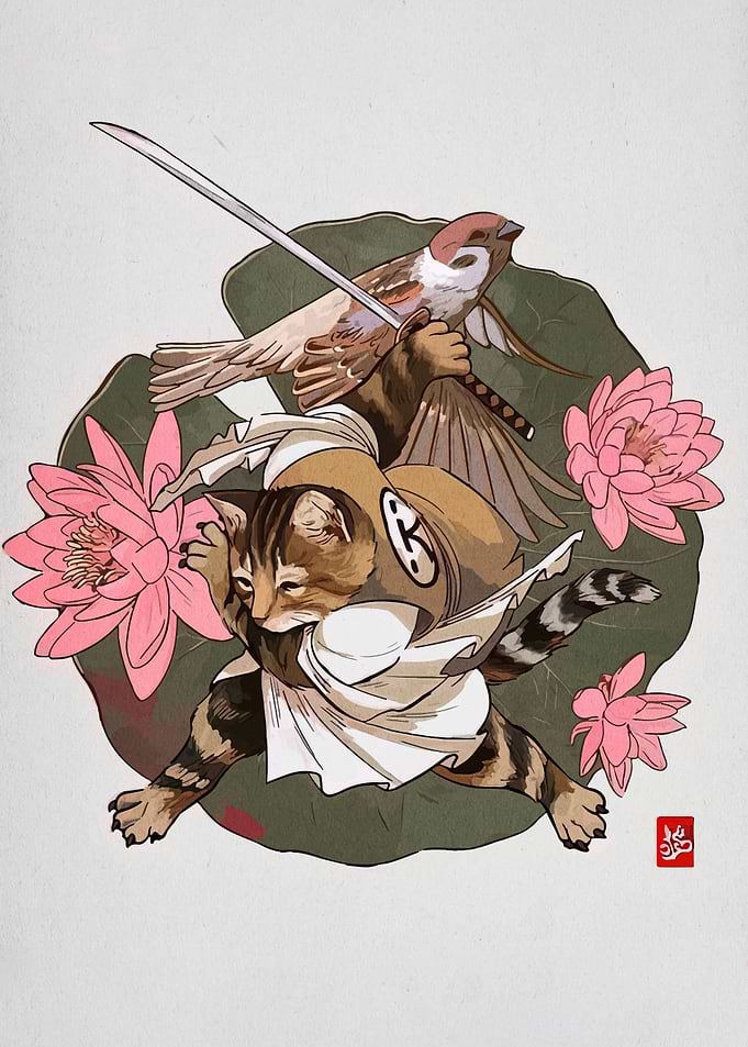Samurai Cat and Sparrow Illustration