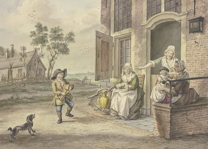 Savoyard boy dancing in front of a house