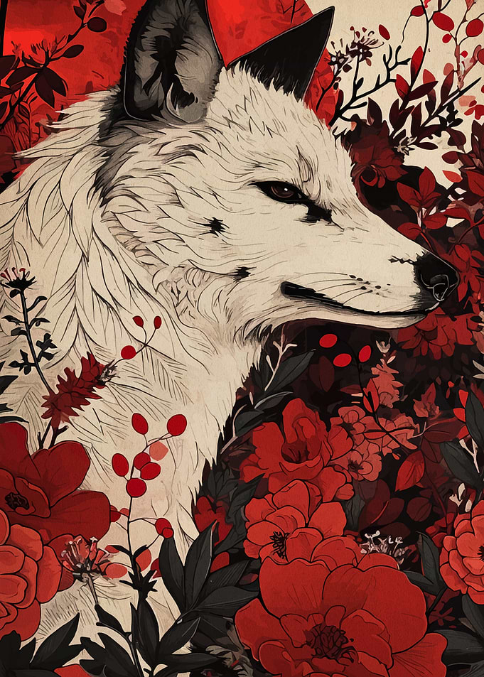 White Fox with Red Floral Background