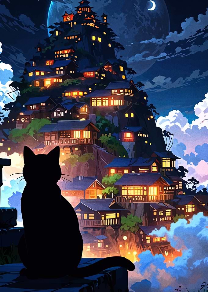 Black Cat Overlooking Japanese Village