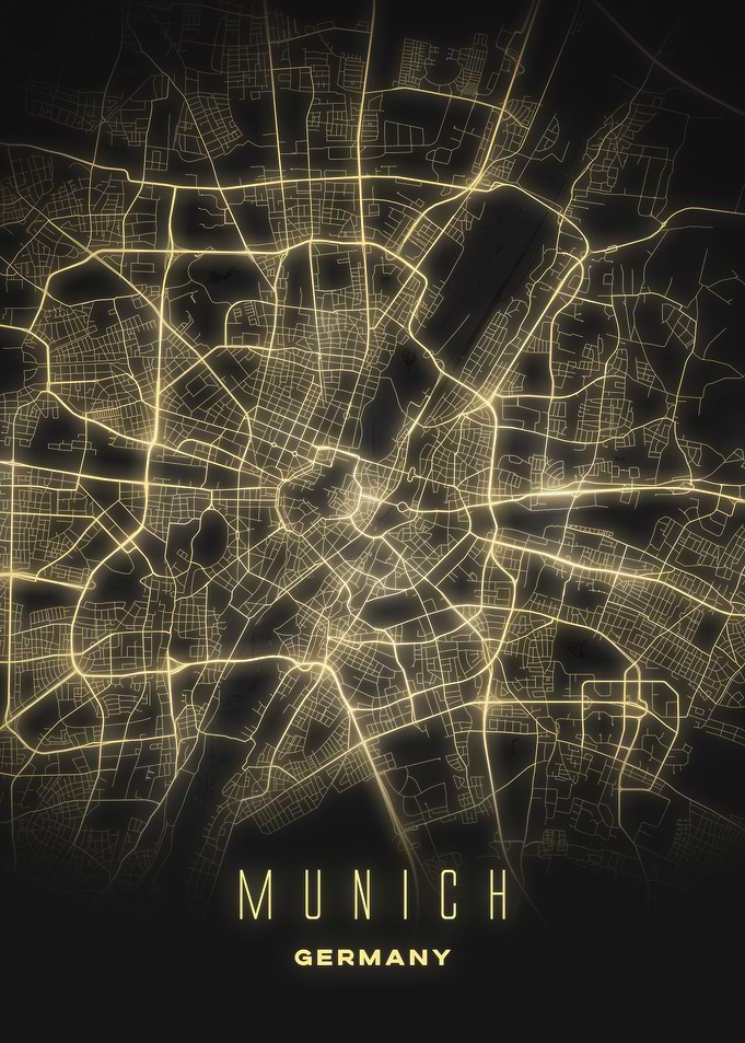 Illuminated Munich, Germany - Night Street Map Poster, Modern City Wall Art