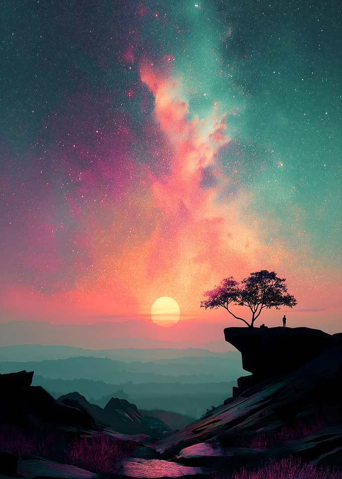 Silhouette on Cliff Under Starry Sky