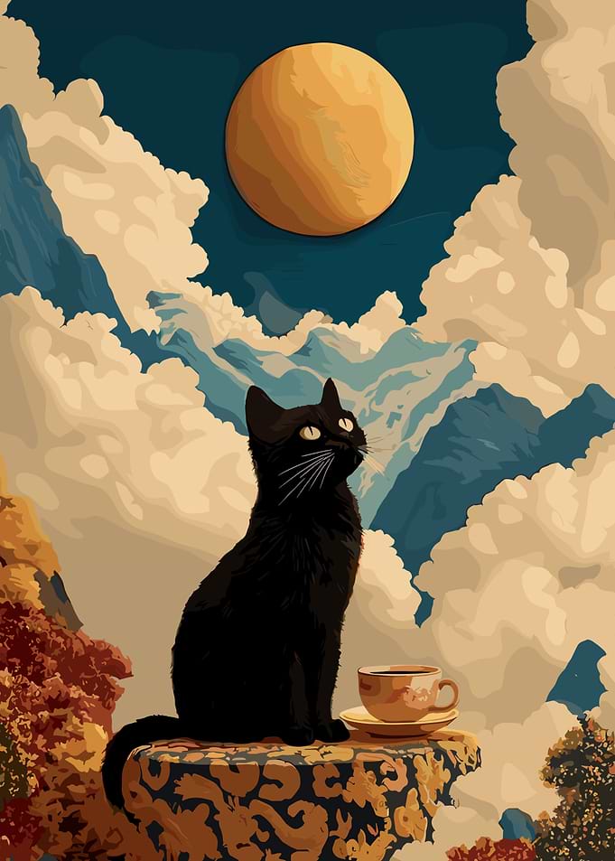 Black Cat and Tea Illustration