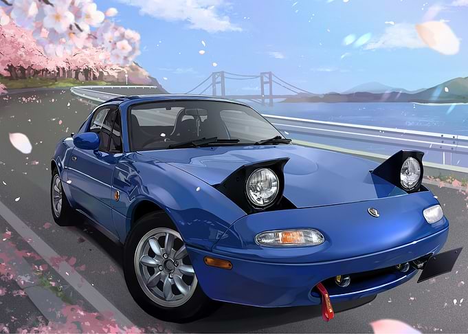 Blue Mazda Miata on Scenic Road