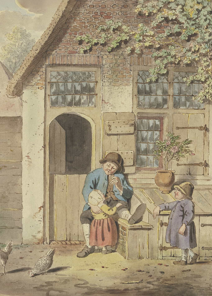 A farmer sits in front of a house