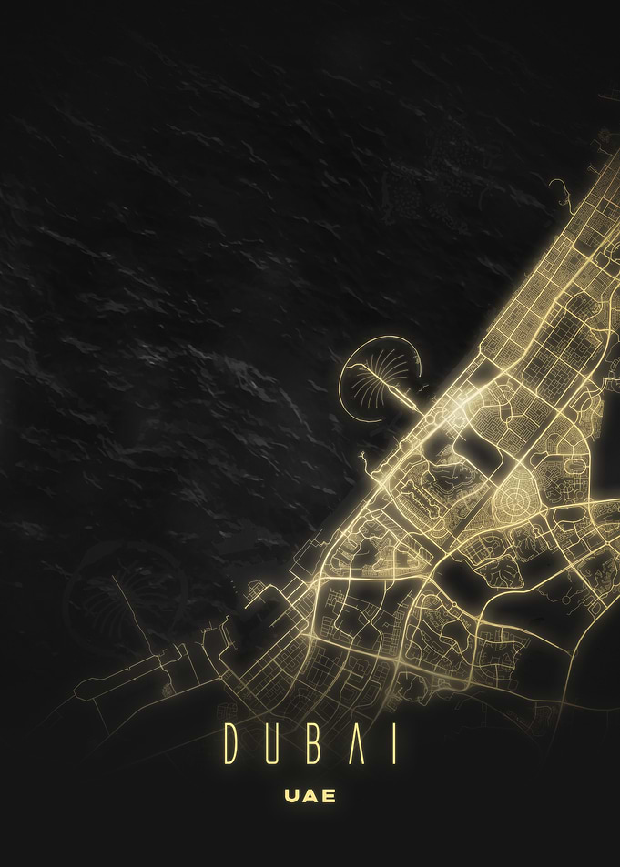 Dubai, UAE - Luminous Night Coast Map Poster, Contemporary Urban Wall Art