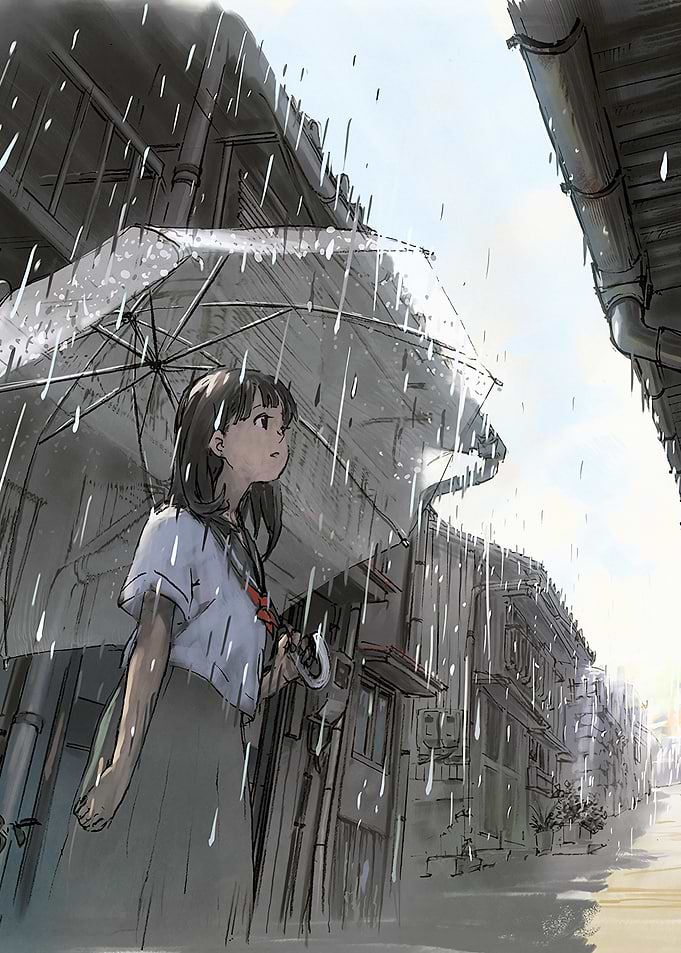 Anime Girl in Rain with Umbrella