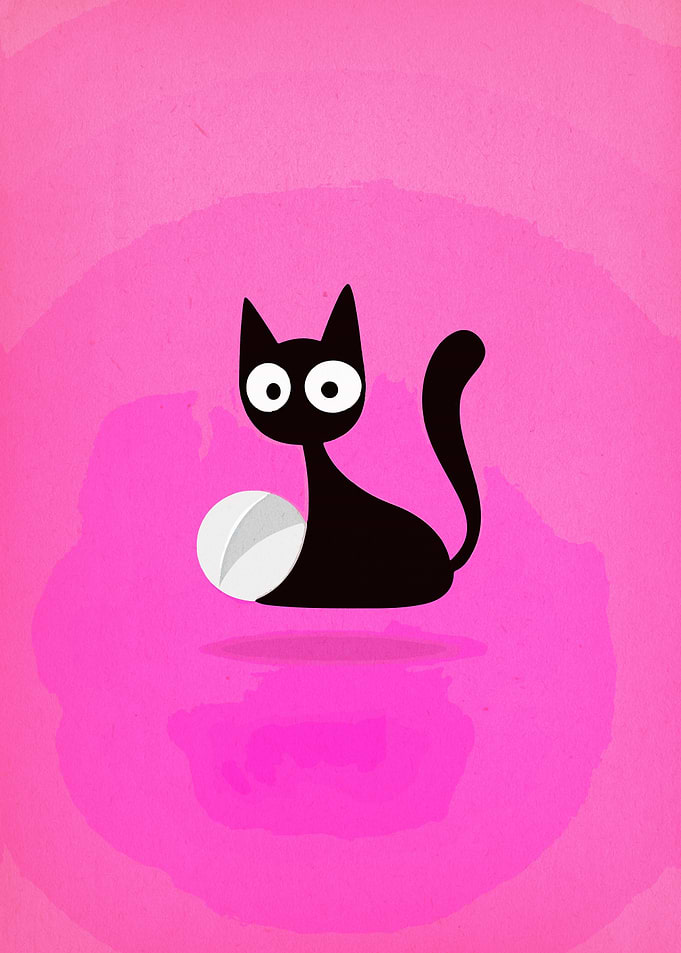 Cartoon Black Cat with Ball on Pink