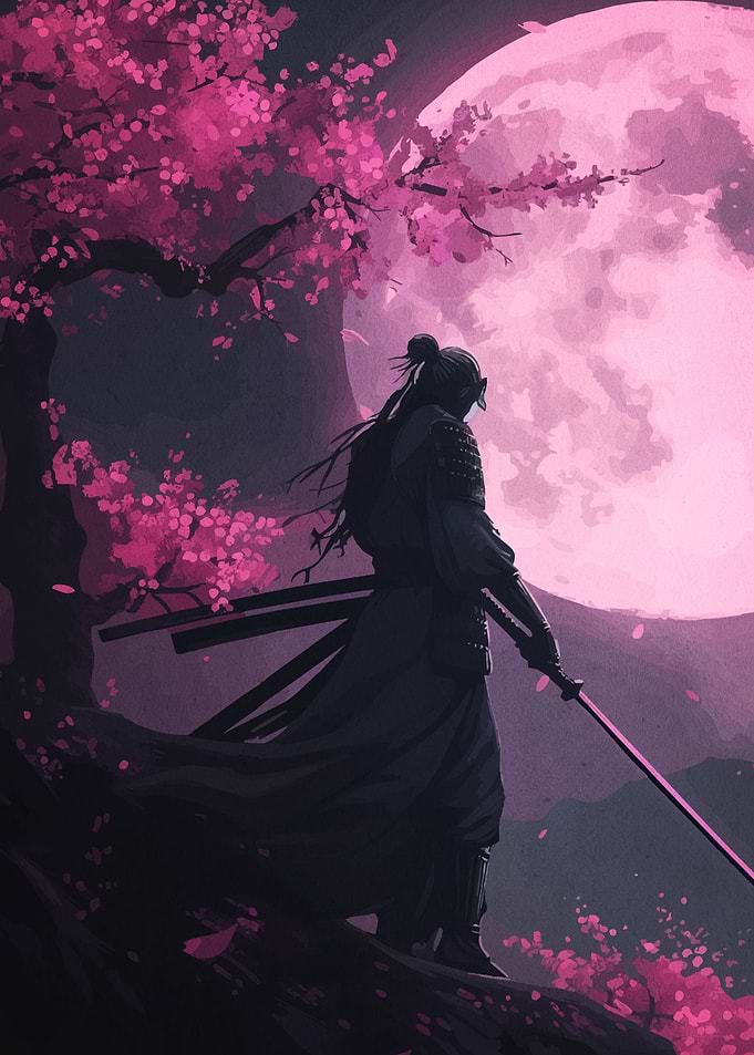 Samurai Cherry Blossoms and Moon