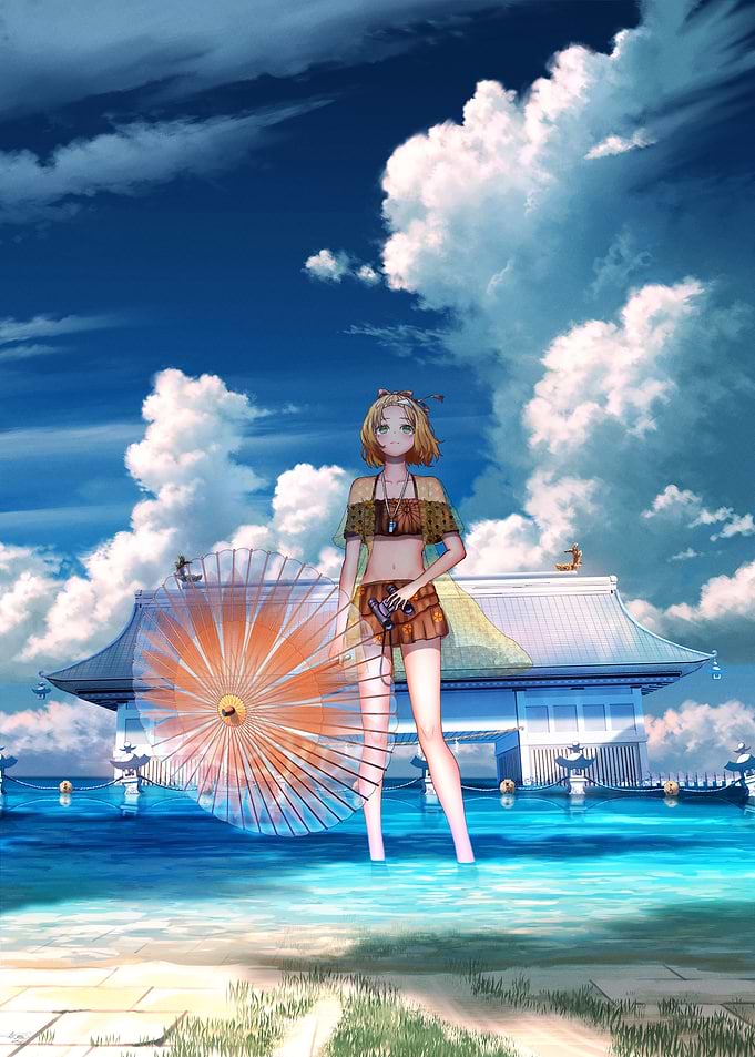 Anime Girl on Beach with Parasol