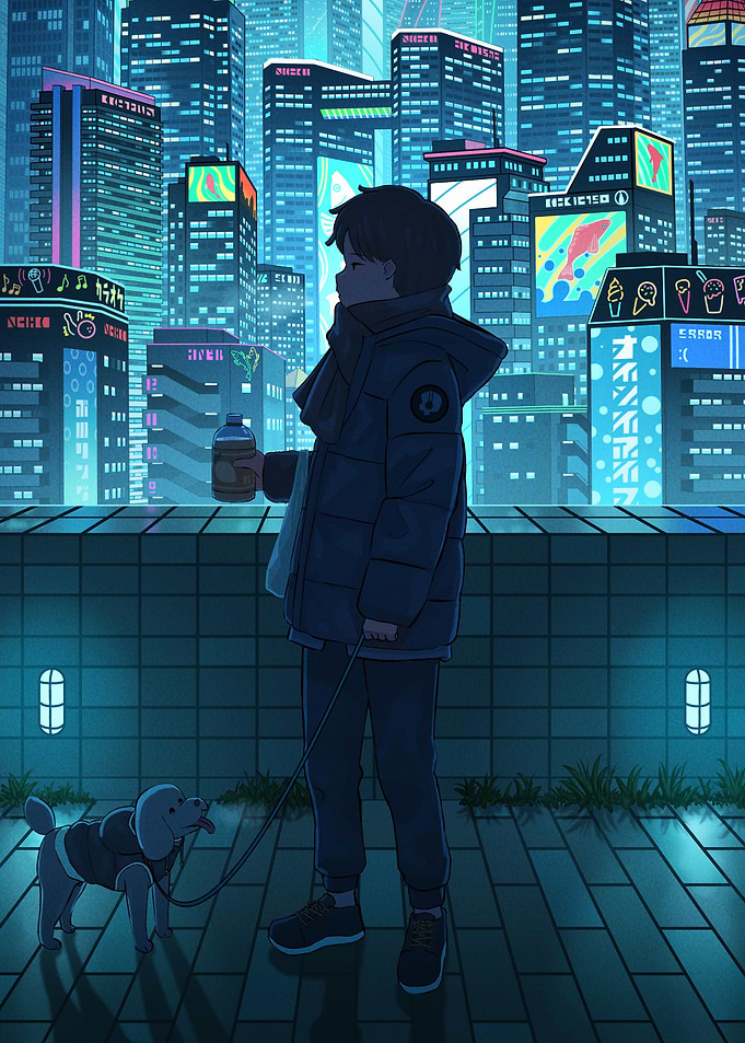 Cyberpunk City Walk with Dog