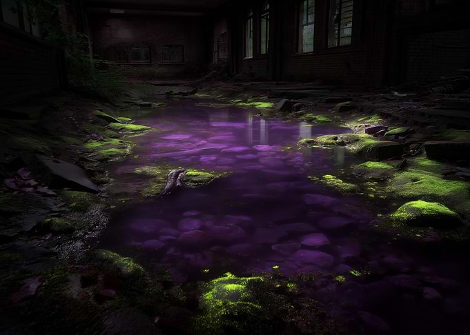 Abandoned Building with Purple Water