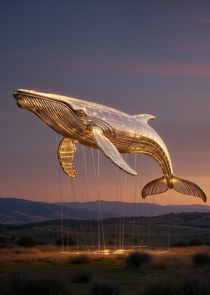Golden Whale Sculpture in Landscape