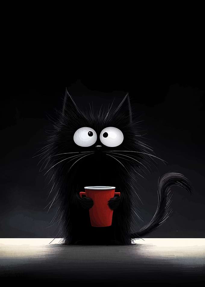 Cartoon Black Cat with Red Cup