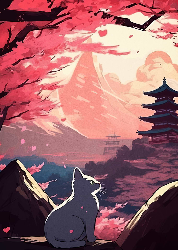 Cat in Japanese Landscape with Pagoda