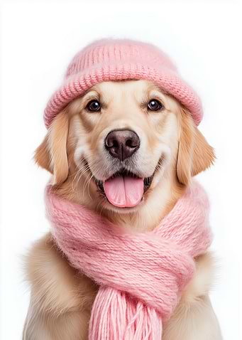 Cozy Golden Retriever with Pink Hat and Scarf