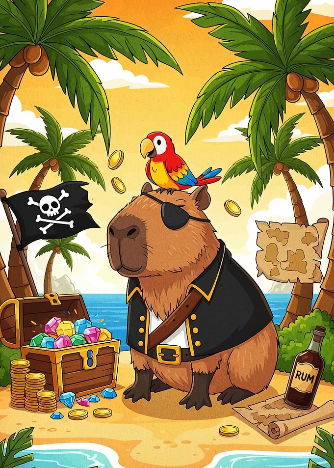 Capybara Pirate with Parrot on Island