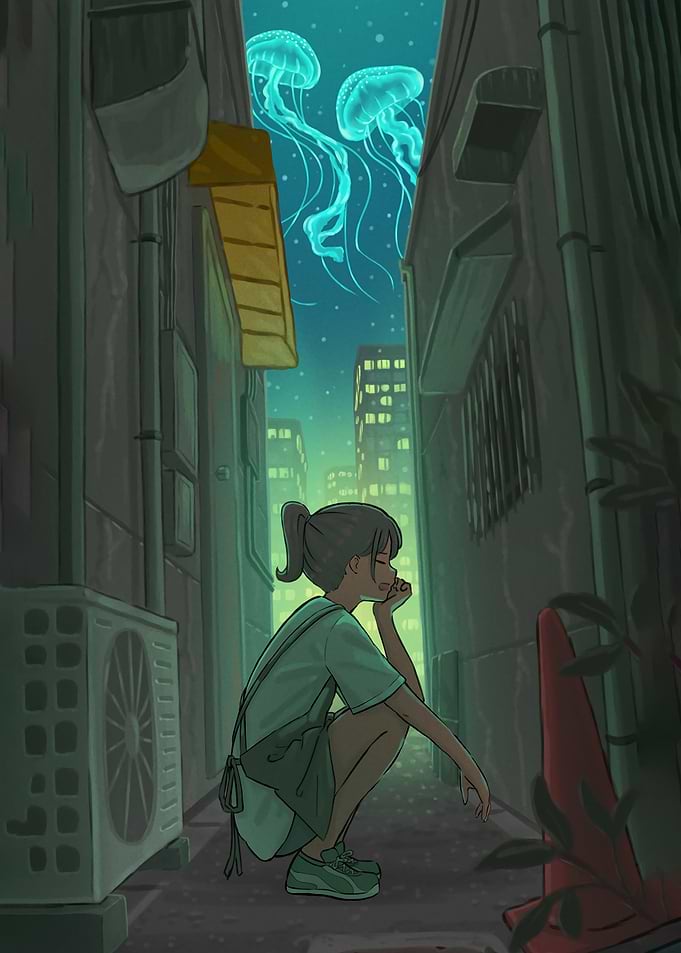 Girl Gazing at Jellyfish in Alley