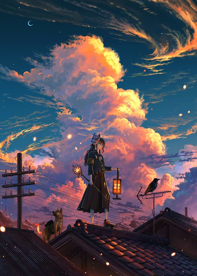 Rooftop Guardian with Lantern and Mask