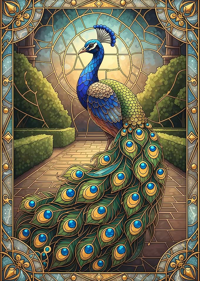Peacock in Stained Glass Style