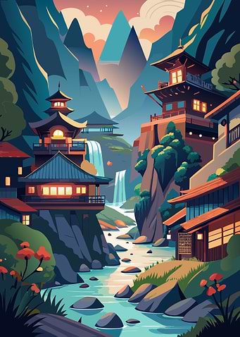 Japanese Village Landscape with Waterfalls