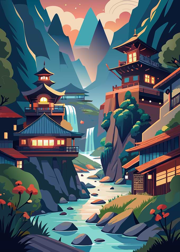 Japanese Village Landscape with Waterfalls