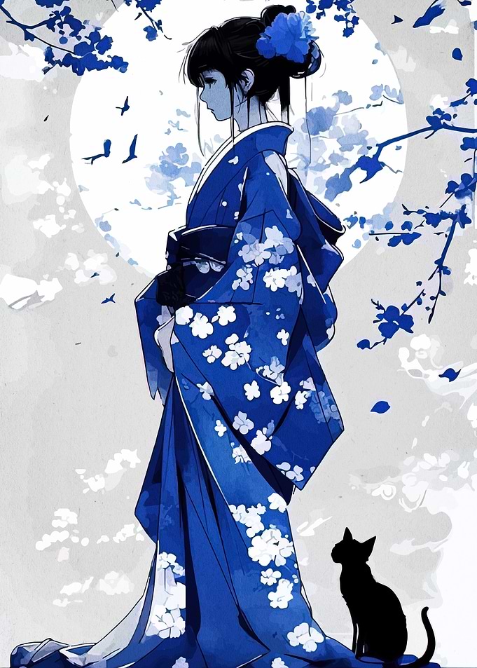 Blue Kimono Girl with Cat