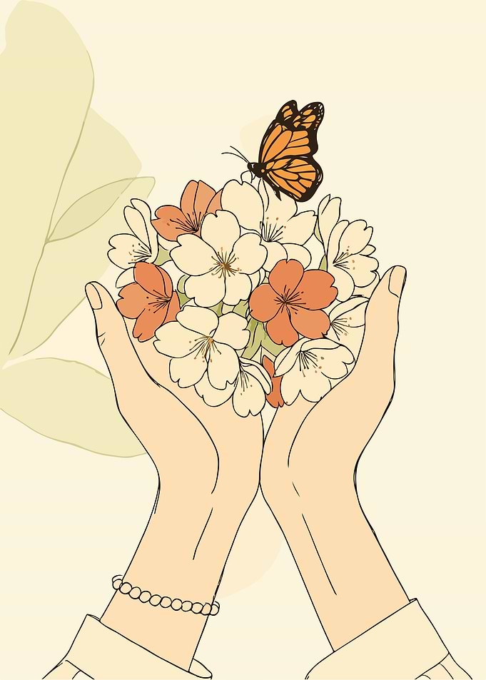 Hands Holding Flowers with Butterfly