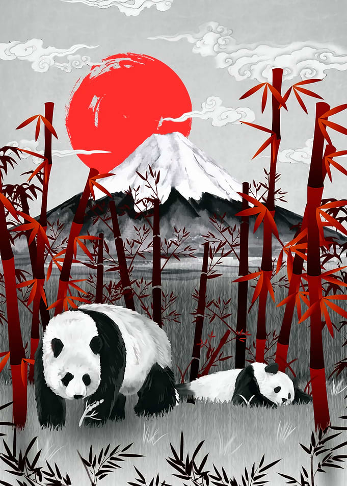 Pandas in Bamboo Forest with Mountain